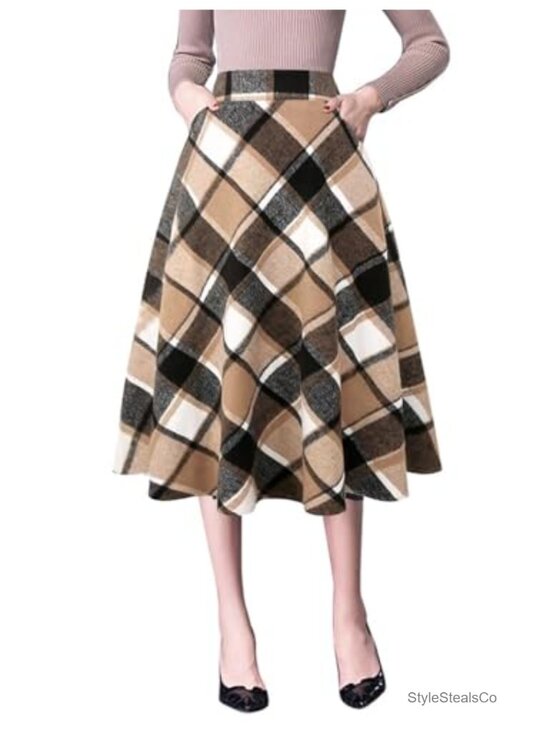 Dresses & Skirts - Womens High Waist A-Line Pleated Midi Plaid Skirt Wool Blend